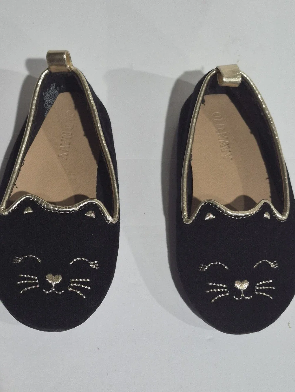 Old Navy Black & Gold Cat Baby Girl Faux Suede Critter Ballet Flats Size 6/13.5